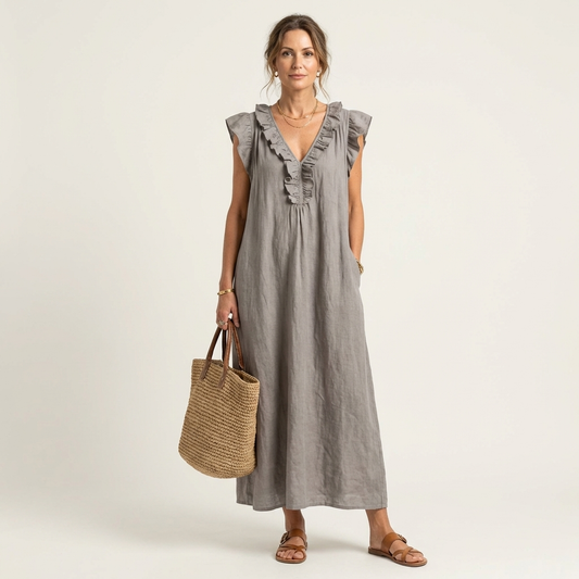 Mónica | Vestido largo de lino con cuello en V y volantes