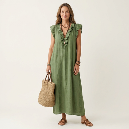 Mónica | Vestido largo de lino con cuello en V y volantes