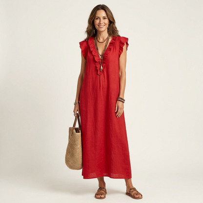 Mónica | Vestido largo de lino con cuello en V y volantes