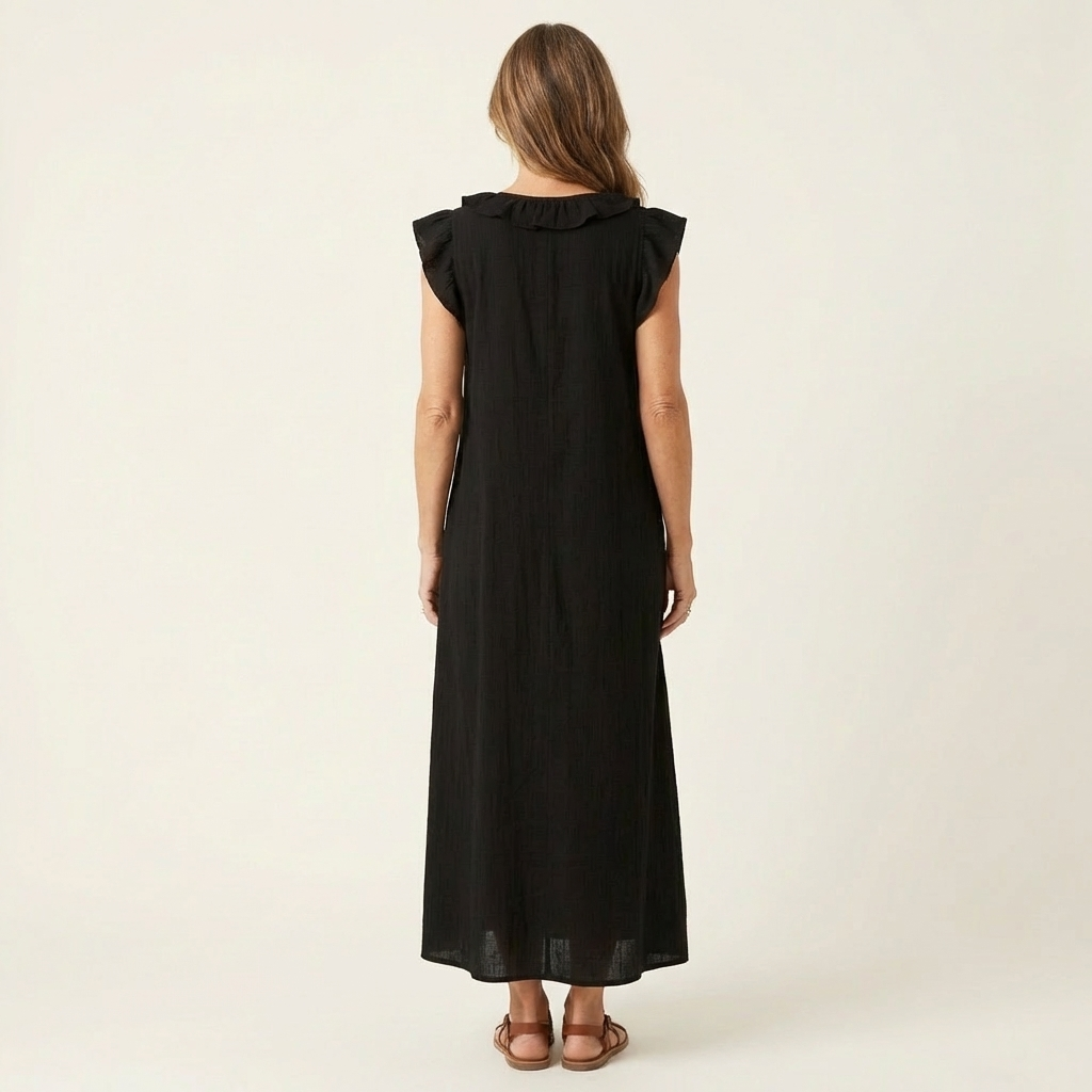 Mónica | Vestido largo de lino con cuello en V y volantes