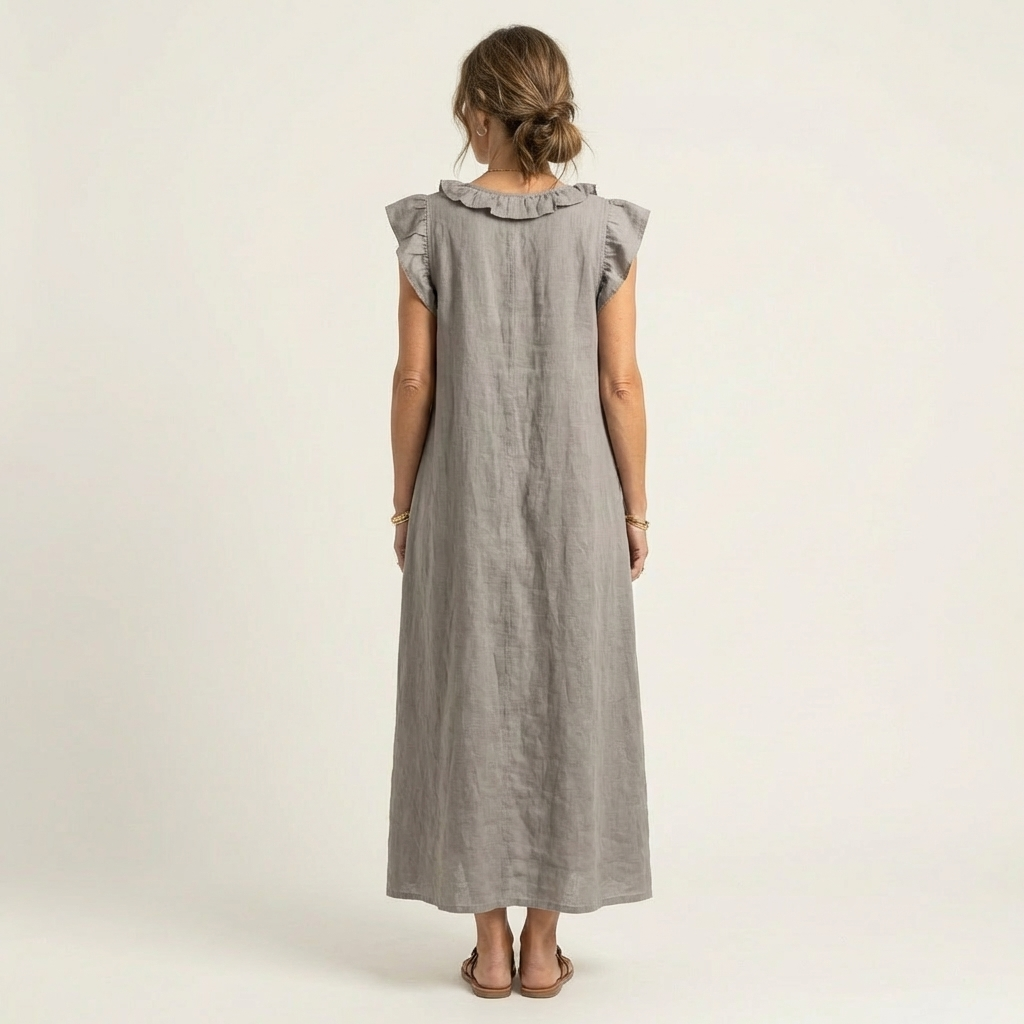 Mónica | Vestido largo de lino con cuello en V y volantes