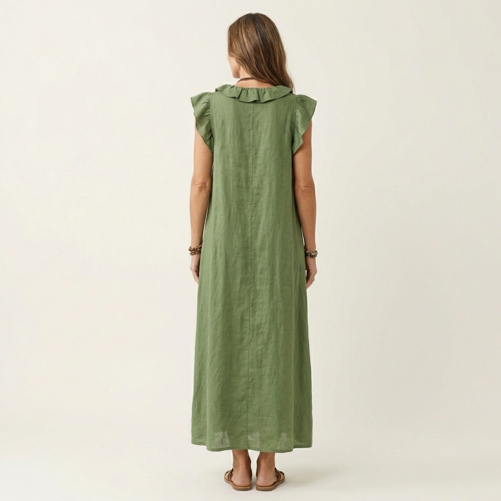 Mónica | Vestido largo de lino con cuello en V y volantes
