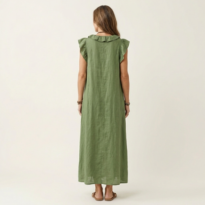 Mónica | Vestido largo de lino con cuello en V y volantes