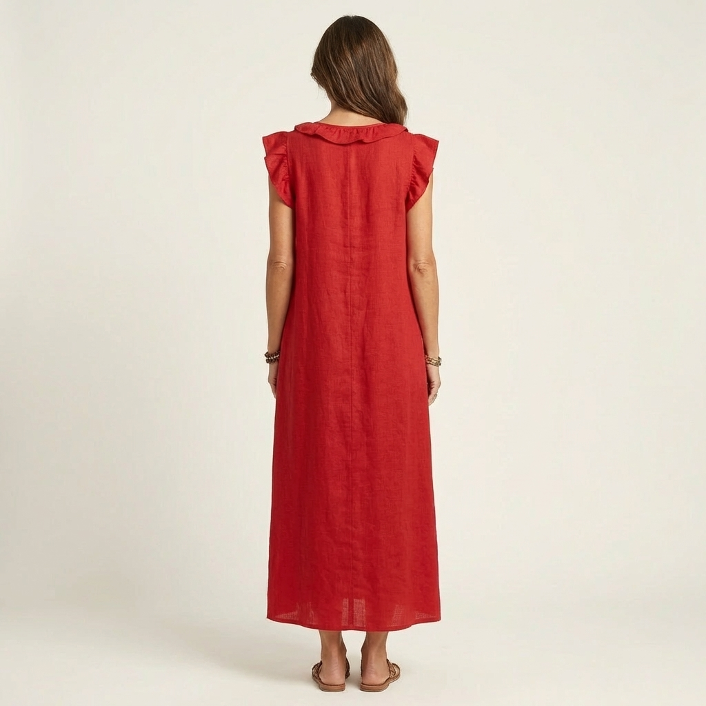 Mónica | Vestido largo de lino con cuello en V y volantes