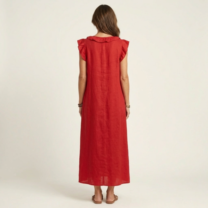 Mónica | Vestido largo de lino con cuello en V y volantes