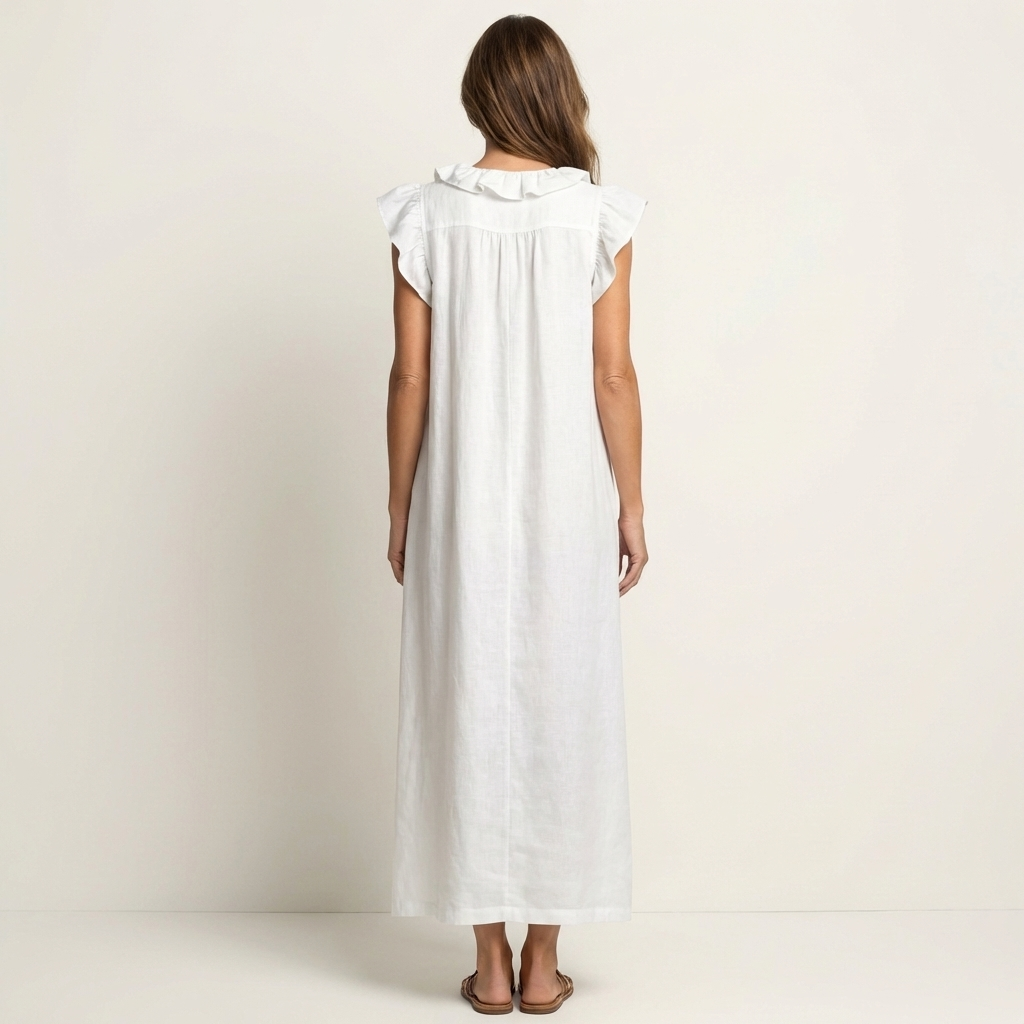 Mónica | Vestido largo de lino con cuello en V y volantes