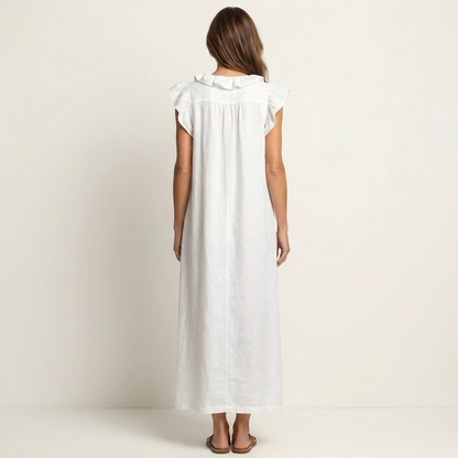 Mónica | Vestido largo de lino con cuello en V y volantes