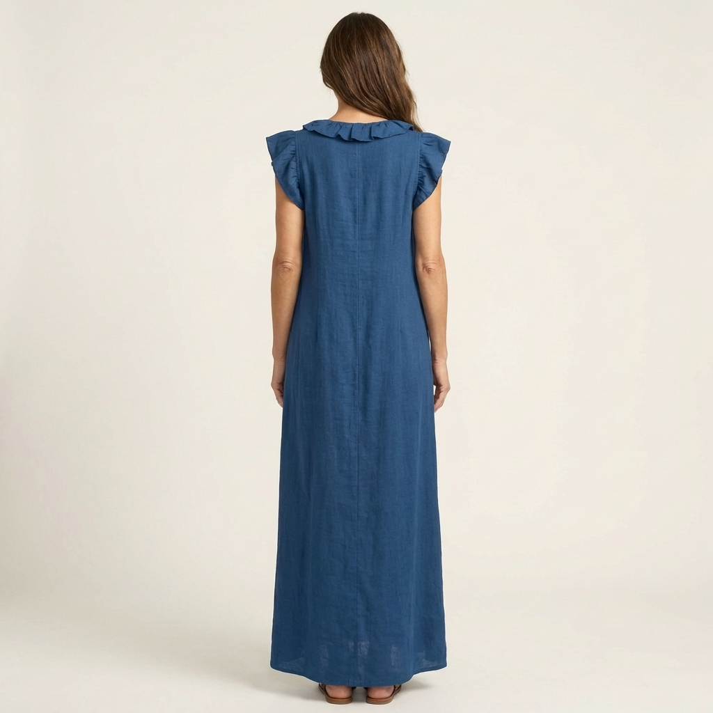 Mónica | Vestido largo de lino con cuello en V y volantes
