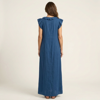 Mónica | Vestido largo de lino con cuello en V y volantes