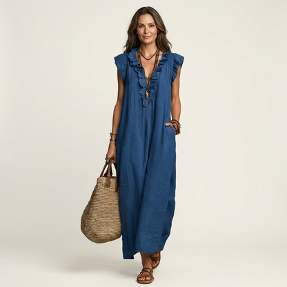 Mónica | Vestido largo de lino con cuello en V y volantes