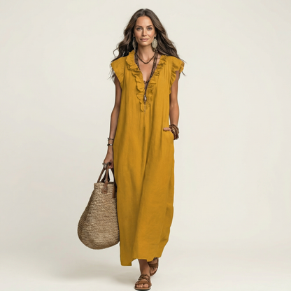 Mónica | Vestido largo de lino con cuello en V y volantes