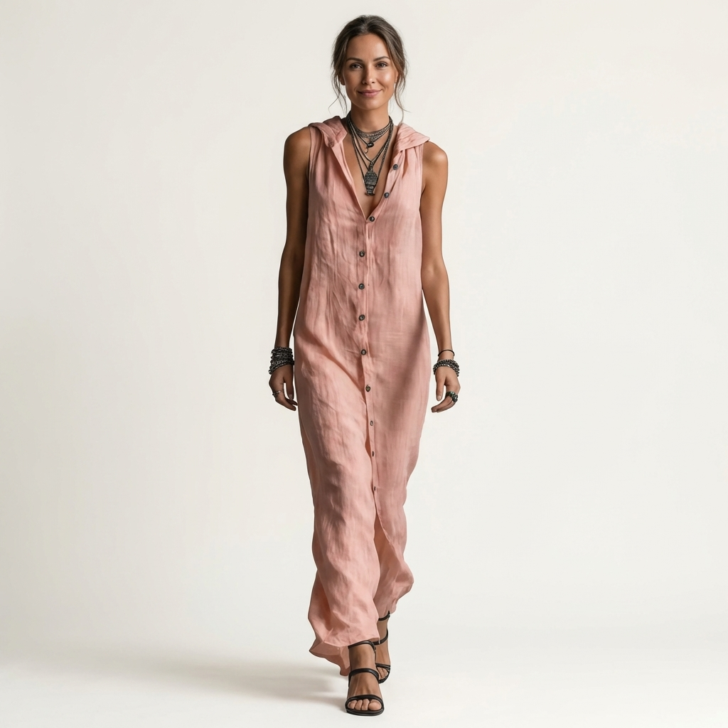 Marisa | Maxivestido de lino sin mangas con capucha y cierre de botones