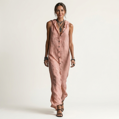 Marisa | Maxivestido de lino sin mangas con capucha y cierre de botones
