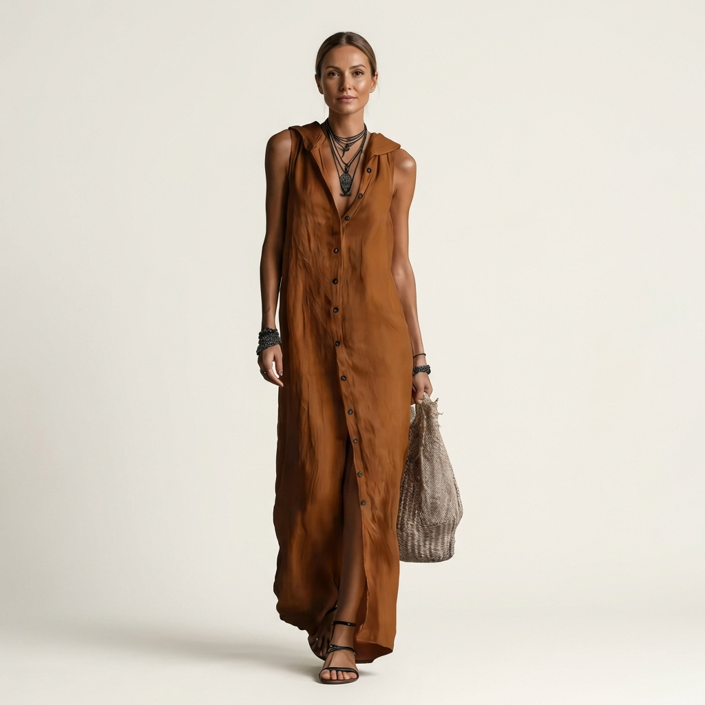 Marisa | Maxivestido de lino sin mangas con capucha y cierre de botones