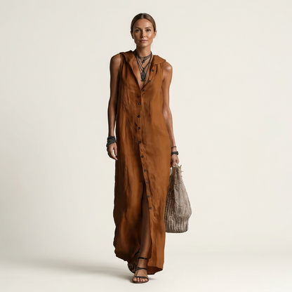 Marisa | Maxivestido de lino sin mangas con capucha y cierre de botones