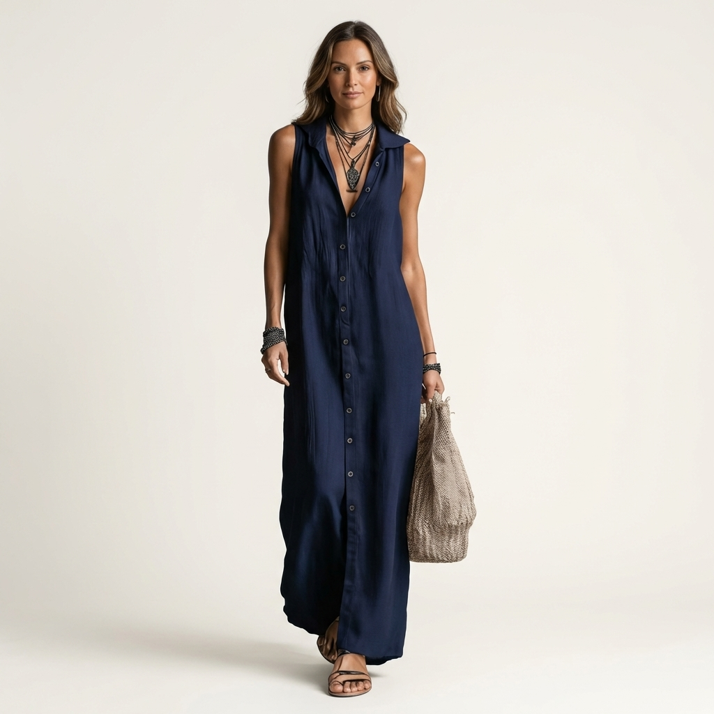 Marisa | Maxivestido de lino sin mangas con capucha y cierre de botones