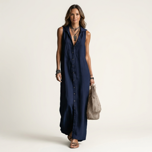 Marisa | Maxivestido de lino sin mangas con capucha y cierre de botones