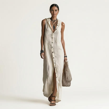 Marisa | Maxivestido de lino sin mangas con capucha y cierre de botones