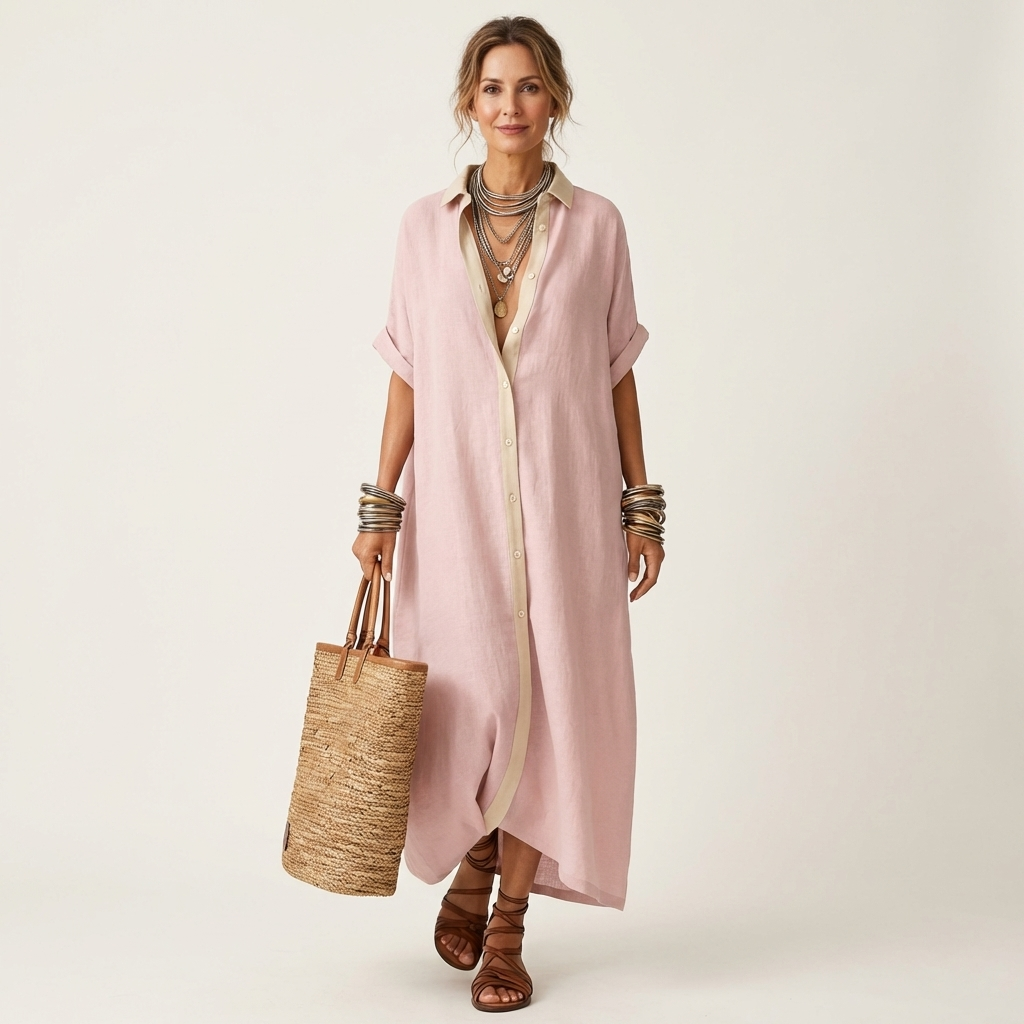 Kamira | Vestido camisero largo de manga corta con cuello en contraste y cierre de botones