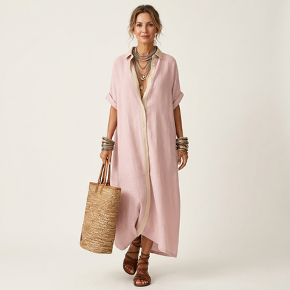 Kamira | Vestido camisero largo de manga corta con cuello en contraste y cierre de botones