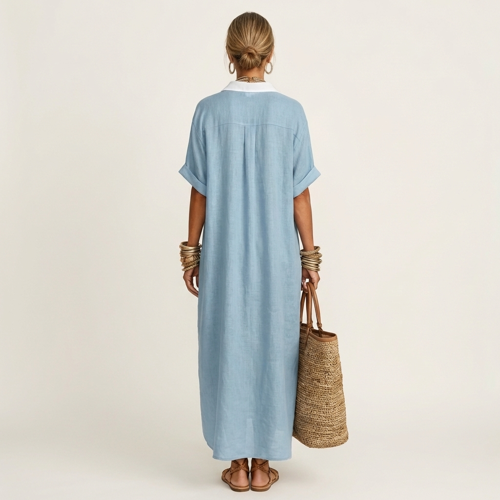 Kamira | Vestido camisero largo de manga corta con cuello en contraste y cierre de botones