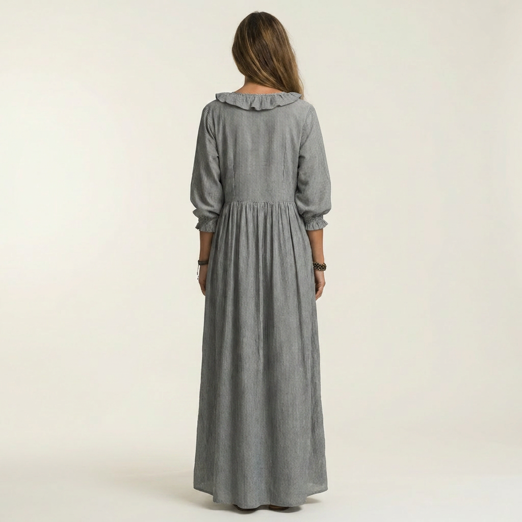 Yosana | Maxivestido a rayas con cuello en V, volantes y mangas abullonadas