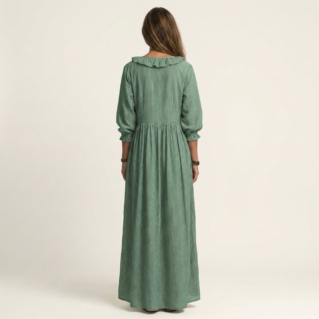 Yosana | Maxivestido a rayas con cuello en V, volantes y mangas abullonadas
