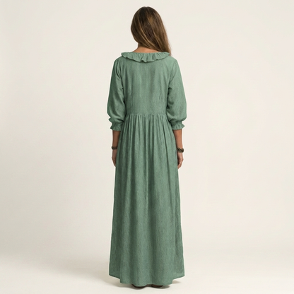 Yosana | Maxivestido a rayas con cuello en V, volantes y mangas abullonadas