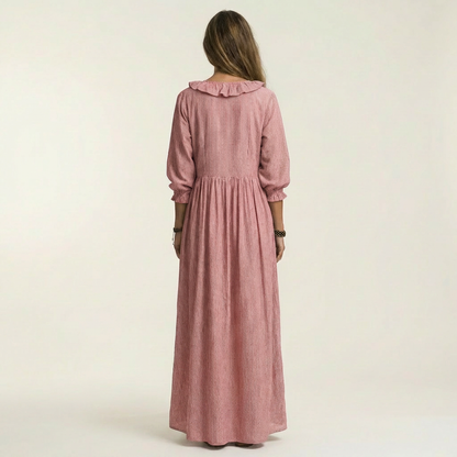 Yosana | Maxivestido a rayas con cuello en V, volantes y mangas abullonadas