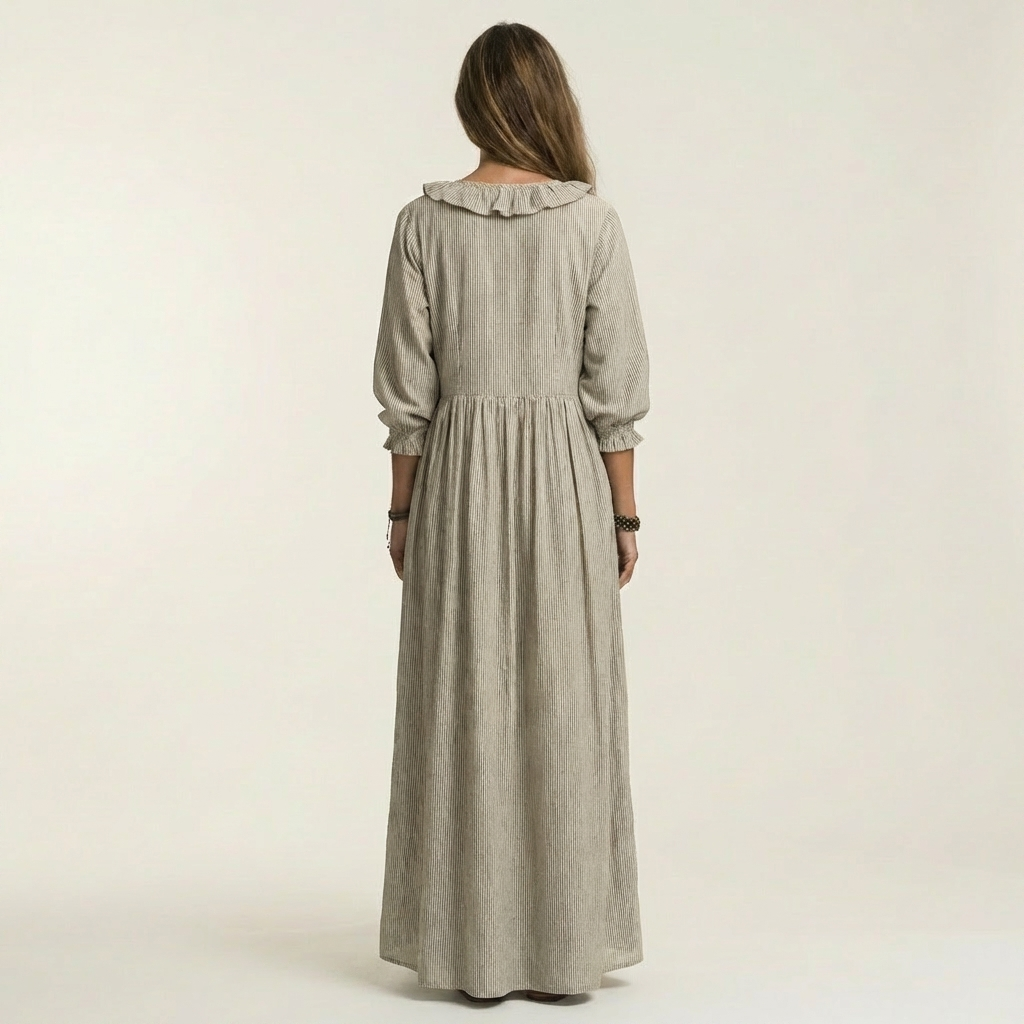 Yosana | Maxivestido a rayas con cuello en V, volantes y mangas abullonadas