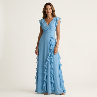 Nely | Maxivestido cruzado con cuello en V, mangas con vuelo y volantes en cascada