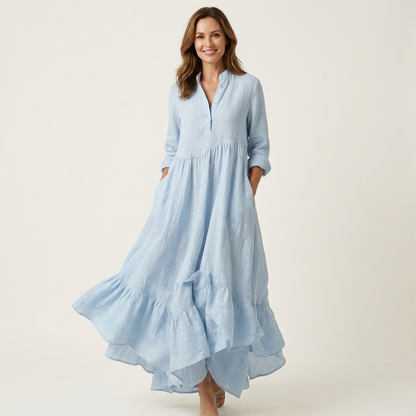 Jimena | Maxivestido con cuello mao, cierre de botones y bajo con volantes