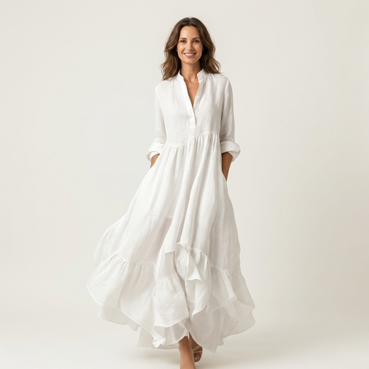 Jimena | Maxivestido con cuello mao, cierre de botones y bajo con volantes