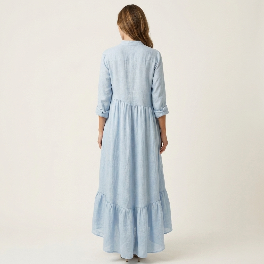 Jimena | Maxivestido con cuello mao, cierre de botones y bajo con volantes