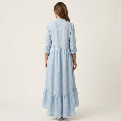 Jimena | Maxivestido con cuello mao, cierre de botones y bajo con volantes