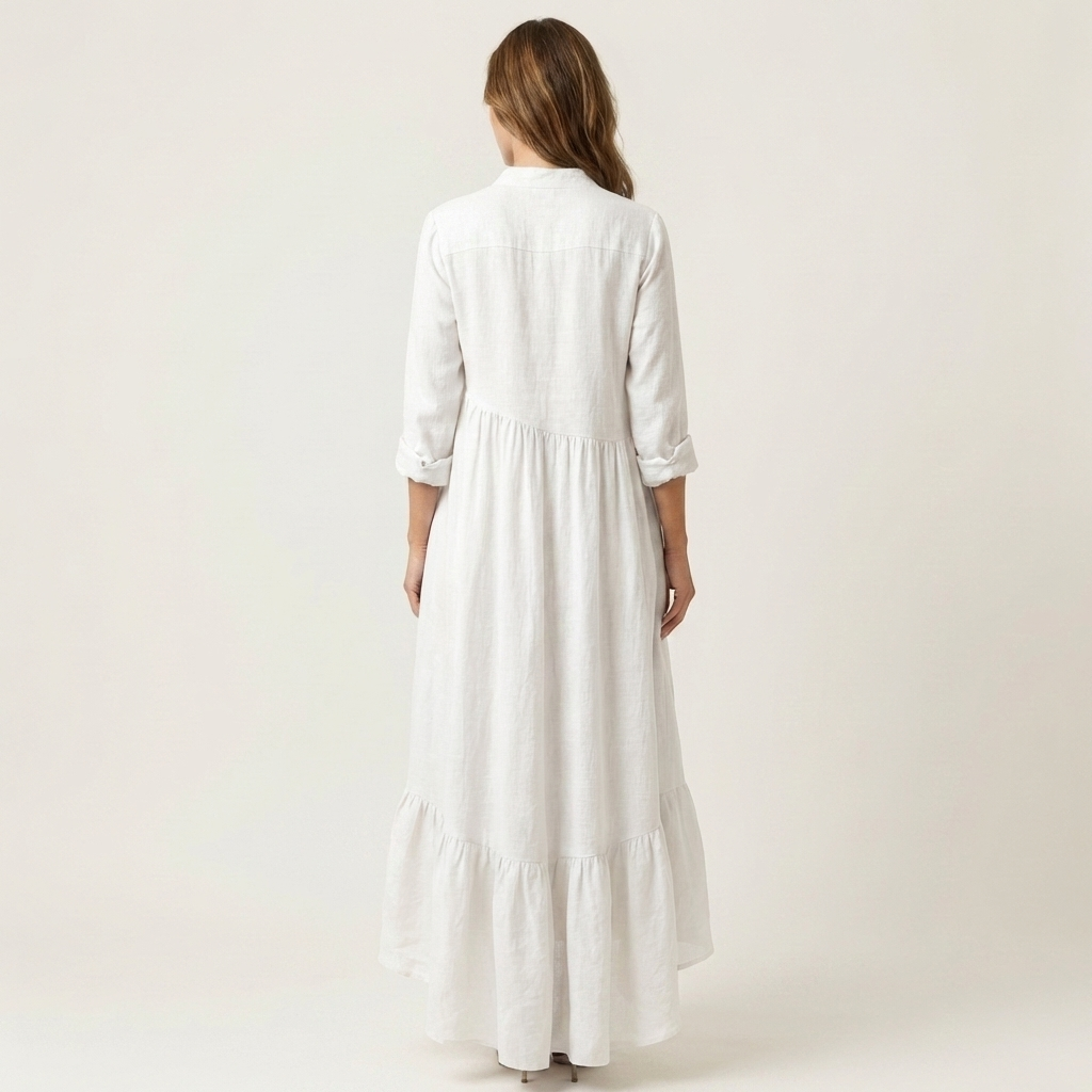 Jimena | Maxivestido con cuello mao, cierre de botones y bajo con volantes
