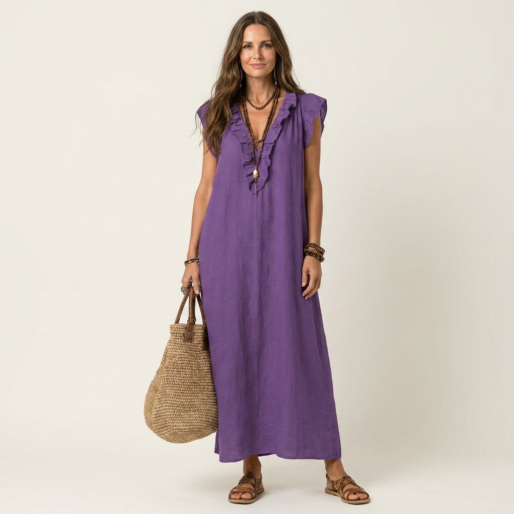 Mónica | Vestido largo de lino con cuello en V y volantes