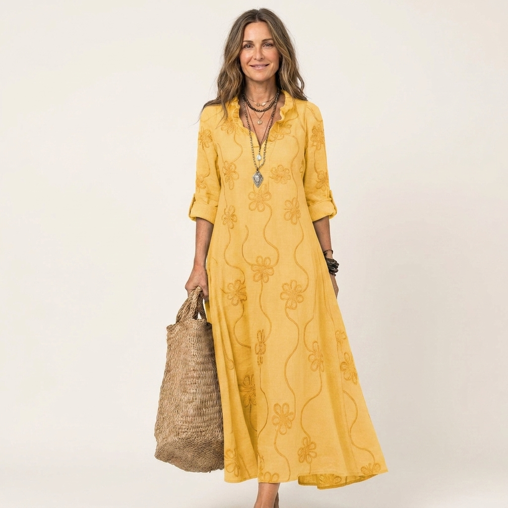 Melinda | Vestido largo de algodón y lino con bordado floral a tono