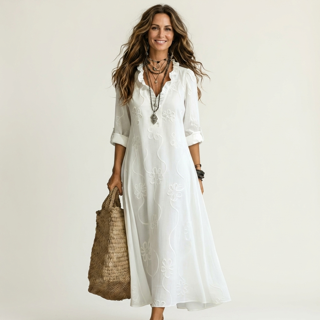 Melinda | Vestido largo de algodón y lino con bordado floral a tono
