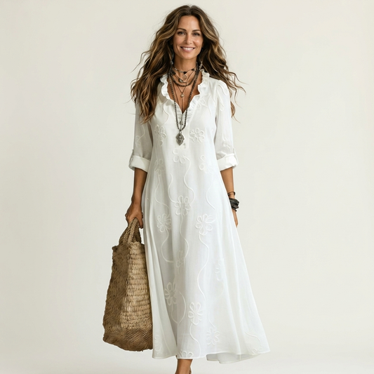 Melinda | Vestido largo de algodón y lino con bordado floral a tono