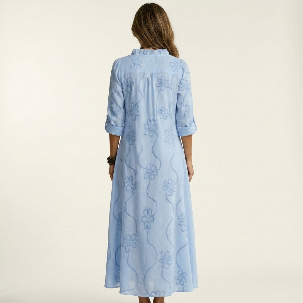 Melinda | Vestido largo de algodón y lino con bordado floral a tono