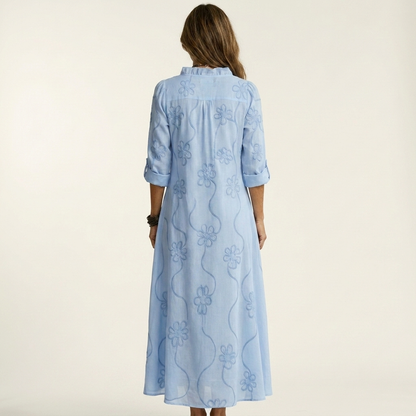 Melinda | Vestido largo de algodón y lino con bordado floral a tono