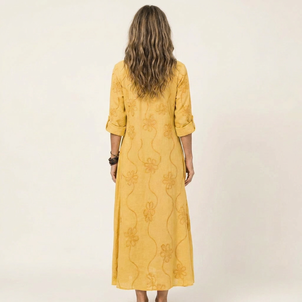 Melinda | Vestido largo de algodón y lino con bordado floral a tono