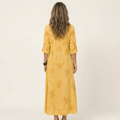Melinda | Vestido largo de algodón y lino con bordado floral a tono