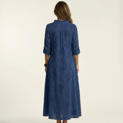 Melinda | Vestido largo de algodón y lino con bordado floral a tono