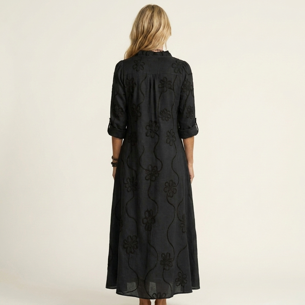 Melinda | Vestido largo de algodón y lino con bordado floral a tono
