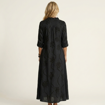 Melinda | Vestido largo de algodón y lino con bordado floral a tono