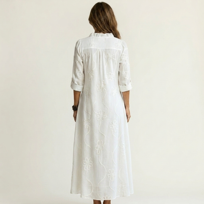 Melinda | Vestido largo de algodón y lino con bordado floral a tono