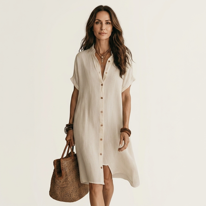 Nidal | Vestido camisero midi de algodón y lino con puños vueltos