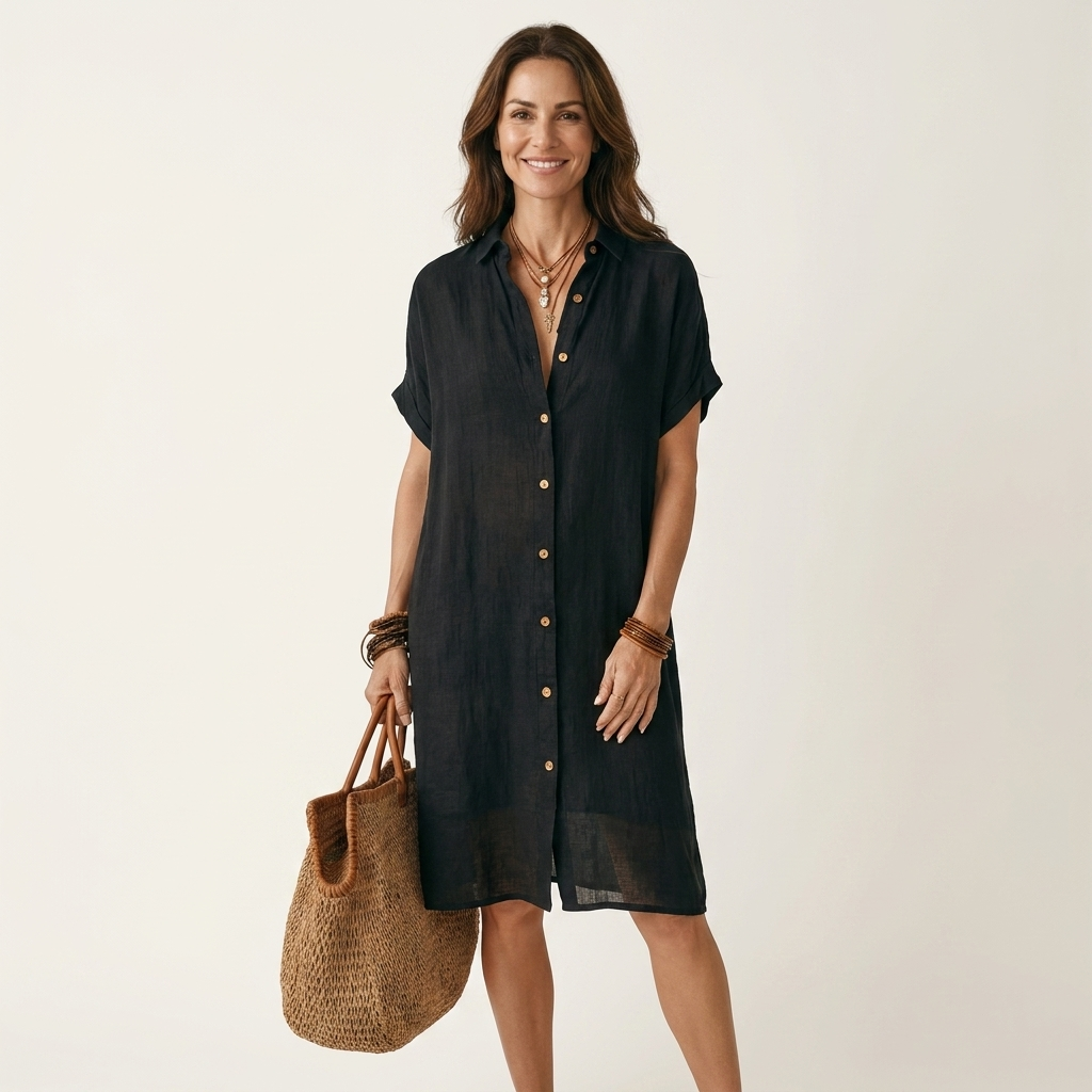 Nidal | Vestido camisero midi de algodón y lino con puños vueltos